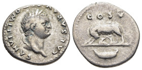 DOMITIAN (Caesar, 69-81). Denarius. Rome.

Obv: CAESAR AVG F DOMITIANVS.
Laureate head right.
Rev: COS V.
Lupa Romana standing left, head right, suckl...