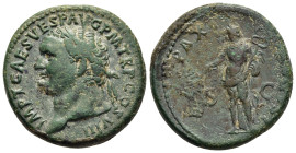 TITUS (79-81). As. Rome.

Obv: IMP T CAES VESP AVG P M TR P COS VIII
Laureate head left.
Rev: PAX AVGVST / S - C
Pax standing left, holding branch and...
