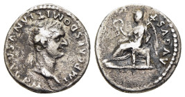 DOMITIAN (81-96). Quinarius. Rome.

Obv: IMP CAES DOMITIANVS AVG P M
Laureate head right.
Rev: VICTORIA AVGVSTI
Victory seated left on throne, holding...