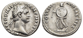 DOMITIAN (81-96). Denarius. Rome. Saecular Games issue.

Obv: IMP CAES DOMITIAN AVG GERM P M TR P VIII.
Laureate head right.
Rev: COS XIIII LVD SAEC F...