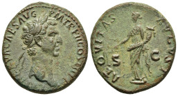 NERVA (96-98). As. Rome.

Obv: IMP NERVA CAES AVG P M TR P COS III P P.
Laureate head right.
Rev: AEQVITAS AVGVST / S - C.
Aequitas standing left, hol...