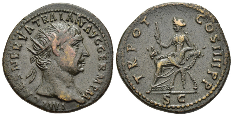 TRAJAN (98-117). Dupondius. Rome.

Obv: IMP CAES NERVA TRAIAN AVG GERM P M.
Radi...