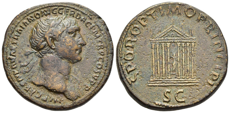 TRAJAN (98-117). Sestertius. Rome.

Obv: IMP CAES NERVAE TRAIANO AVG GER DAC P M...