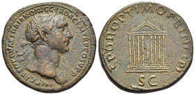 TRAJAN (98-117). Sestertius. Rome.

Obv: IMP CAES NERVAE TRAIANO AVG GER DAC P M TR P COS V P P
Laureate bust right, with slight drapery.
Rev: SPQR OP...