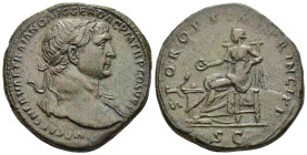 TRAJAN (98-117). Sestertius. Rome.

Obv: IMP CAES NERVAE TRAIANO AVG GER DAC P M TR P COS V P P.
Laureate bust right, slight drapery on left shoulder....