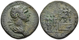 TRAJAN (98-117). Sestertius. Rome.

Obv: IMP CAES NER TRAIANO OPTIMO AVG GER DAC PARTHICO P M TR P COS VI P P
Laureate and draped bust right.
Rev: REG...