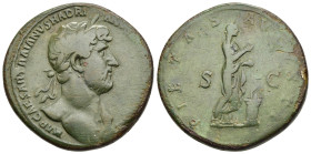HADRIAN (117-138). Sestertius. Rome. 

Obv: IMP CAESAR TRAIAN HADRIAN - VS AVG P M TR P COS III 
Laureate bust right, drapery on left shoulder. 
Rev: ...