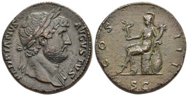 HADRIAN (117-138). Sestertius. Rome.

Obv: HADRIANVS AVGVSTVS.
Laureate bust right, with slight drapery.
Rev: COS III / SC.
Roma seated left on cuiras...