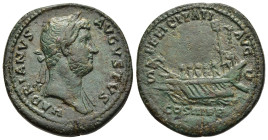 HADRIAN (117-138). As. Rome.

Obv: HADRIANVS AVGVSTVS
Laureate bust right, with slight drapery.
Rev: FELICITATI AVG / S - C // COS III P P
Galley left...