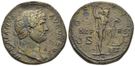 HADRIAN (117-138). Sestertius. Rome.

Obv: HADRIANVS AVGVSTVS
Laureate bust right, with slight drapery.
Rev: COS III / S - C
Neptune, with foot set up...