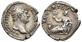HADRIAN (117-138). Denarius. Rome. "Travel Series" issue.

Obv: HADRIANVS AVG COS III P P
Bare head right.
Rev: AEGYPTOS
Egypt reclining left, holding...