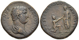 HADRIAN (117-138). As. Rome.

Obv: HADRIANVS AVG COS III P P
Bare headed and draped bust right.
Rev: RESTITVTORI PRHYGIAE(sic!) 
Hadrian standing left...
