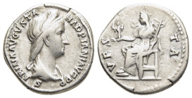 SABINA (Augusta, 128-136/7). Denarius. Rome.

Obv: SABINA AVGVSTA HADRIANI AVG P P.
Draped bust right.
Rev: VESTA.
Vesta seated left on throne, holdin...