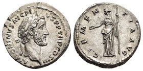 ANTONINUS PIUS (138-161). Denarius. Rome.

Obv: ANTONINVS AVG PIVS P P TR P COS III
Laureate head right.
Rev: CLEMENTIA AVG
Clementia standing left, h...