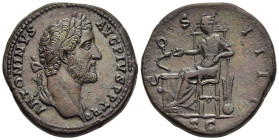 ANTONINUS PIUS (138-161). Sestertius. Rome.

Obv: ANTONINVS AVG PIVS P P TR P
Laureate head right.
Rev: COS IIII / S C
Salus seated left on throne, fe...