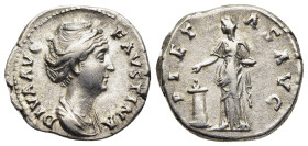 DIVA FAUSTINA I (Died 140/1). Denarius. Rome.

Obv: DIVA AVG FAVSTINA.
Draped bust right.
Rev: PIETAS AVG.
Pietas standing left, holding incense box a...