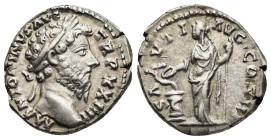 MARCUS AURELIUS (161-180). Denarius. Rome.

Obv: M ANTONINVS AVG TR P XXIII
Laureate head right.
Rev: SALVTI AVG COS III
Salus standing right, holding...