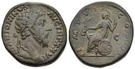 MARCUS AURELIUS (161-180). Sestertius. Rome.

Obv: M ANTONINVS AVG TR P XXVI
Laureate head right.
Rev: IMP VI COS III / S - C
Roma seated left on shie...