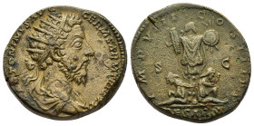 MARCUS AURELIUS (161-180). Dupondius. Rome.

Obv: M ANONINVS AVG GERM SARM TR P XXXI
Radiate head right.
Rev: IMP VIII COS III P P / DE SARM / S - C
T...