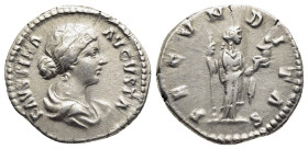 FAUSTINA II (Augusta, 147-175). Denarius. Rome.

Obv: FAVSTINA AVGVSTA.
Draped bust right, wearing a double circlet of pearls around head.
Rev: FECVND...