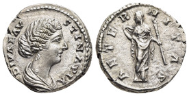 DIVA FAUSTINA II (Died 175/6). Denarius. Rome.

Obv: DIVA FAVSTINA PIA
Draped bust right.
Rev: AETERNITAS
Aeternitas standing facing, head left, drawi...