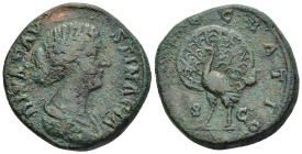 DIVA FAUSTINA II (Died 175/6). Sestertius. Rome.

Obv: DIVA FAVSTINA PIA.
Draped bust right.
Rev: CONSECRATIO / S - C.
Peacock standing left, head lef...