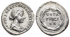LUCILLA (Augusta, 164-182). Denarius. Rome.

Obv: LVCILLAE AVG ANTONINI AVG F
Draped bust right.
Rev: VOTA / PVBLI / CA
Legend in three lines within w...