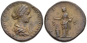 LUCILLA (Augusta, 164-182). Sestertius. Rome.

Obv: LVCILLAE AVG ANTONINI AVG F
Draped bust right.
Rev: PIETAS / S - C
Pietas standing left, holding a...