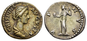CRISPINA (Augusta, 178-182). Denarius. Rome.

Obv: CRISPINA AVGVSTA.
Draped bust right.
Rev: VENVS.
Venus standing left, holding apple and lifting dra...