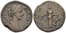 CRISPINA (Augusta, 178-182). Sestertius. Rome.

Obv: CRISPINA AVGVSTA
Draped bust right.
Rev: LAETITIA AVG
Laetitia standing left, holding wreath and ...