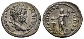 SEPTIMIUS SEVERUS (193-211). Denarius. Rome.

Obv: SEVERVS AVG PART MAX.
Laureate head right.
Rev: RESTITVTOR VRBIS.
Septimius Severus standing left, ...
