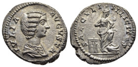 JULIA DOMNA (Augusta, 193-217). Denarius. Rome.

Obv: IVLIA AVGVSTA.
Draped bust right.
Rev: SAECVLI FELICITAS.
Isis, wearing peaked headdress, standi...