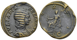 JULIA DOMNA (Augusta, 193-217). Sestertius. Rome.

Obv: IVLIA PIA FELIX AVG
Draped bust right, wearing stephane.
Rev: VESTA // SC
Vesta veiled and sea...