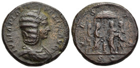 JULIA DOMNA (Augusta, 193-211). As. Rome.

Obv: IVLIA PIA FELIX AVG.
Diademed and draped bust right.
Rev: VESTA / S C.
Four vestal virgins sacrificing...