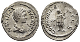PLAUTILLA (Augusta, 202-205). Denarius. Rome.

Obv: PLAVTILLA AVGVSTA
Draped bust right.
Rev: CONCORDIA AVGG
Concordia standing left, holding patera a...