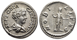 GETA (Caesar, 198-209). Denarius. Rome.

Obv: P SEPT GETA CAES PONT
Bareheaded and draped bust right.
Rev: NOBILITAS
Nobilitas standing right, holding...