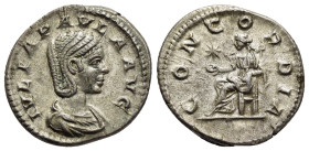 JULIA PAULA (Augusta, 219-220). Denarius. Rome.

Obv: IVLIA PAVLA AVG.
Draped bust right.
Rev: CONCORDIA.
Concordia seated left on throne, holding pat...