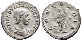 AQUILIA SEVERA (Augusta, 220-221 & 221-222). Denarius. Rome.

Obv: IVLIA AQVILIA SEVERA AVG
Draped bust right.
Rev: CONCORDIA
Concordia standing left,...