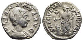 JULIA MAESA (Augusta, 218-224/5). Quinarius. Rome.

Obv: IVLIA MAESA AVG
Draped bust right.
Rev: SAECVLI FELICITAS
Felicitas standing left, holding lo...