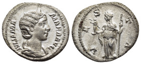 JULIA MAMAEA (Augusta, 222-235). Denarius. Rome.

Obv: IVLIA MAMAEA AVG.
Diademed and draped bust right.
Rev: VESTA.
Vesta standing left, holding scep...