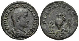 MAXIMUS (Caesar, 235/6-238). Sestertius. Rome.

Obv: C IVL VERVS MAXIMVS CAES
Bareheaded and draped bust right.
Rev: PIETAS AVG / S C
Emblems of the p...