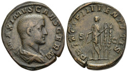 MAXIMUS (Caesar, 235/6-238). Sestertius. Rome.

Obv: MAXIMVS CAES GERM.
Bareheaded and draped bust right.
Rev: PRINCIPI IVVENTVTIS / S - C.
Maximus st...