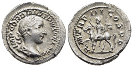 GORDIAN III (238-244). Denarius. Rome.

Obv: IMP GORDIANVS PIVS FEL AVG.
Laureate, draped and cuirassed bust right.
Rev: P M TR P III COS P P.
Gordian...