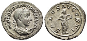 GORDIAN III (238-244). Denarius. Rome.

Obv: IMP GORDIANVS PIVS FEL AVG.
Laureate, draped and cuirassed bust right.
Rev: SALVS AVGVSTI.
Salus standing...