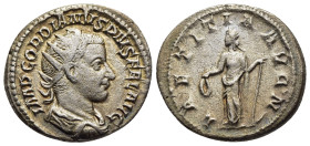 GORDIAN III (238-244). Antoninianus. Antioch.

Obv: IMP GORDIANVS PIVS FEL AVG.
Radiate, draped and cuirassed bust right.
Rev: LAETITIA AVG N.
Laetiti...