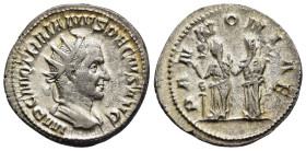TRAJANUS DECIUS (249-251). Antoninianus. Rome.

Obv: IMP C M Q TRAIANVS DECIVS AVG.
Radiate, draped and cuirassed bust right.
Rev: PANNONIAE.
The two ...