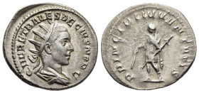 HERENNIUS ETRUSCUS (Caesar, 249-251). Antoninianus. Rome.

Obv: Q HER ETR MES DECIVS NOB C
Radiate and draped bust right.
Rev: PRINCIPI IVVENTVTIS
Her...