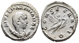DIVA MARINIANA (Died before 253). Antoninianus. Rome.

Obv: DIVAE MARINIANAE.
Veiled and draped bust right, set upon crescent.
Rev: CONSECRATIO.
Marin...