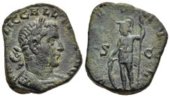 GALLIENUS (253-268). Sestertius. Rome.

Obv: IMP C P LIC GALLIENVS AVG
Laureate and cuirassed bust right.
Rev: VIRTVS AVGG / S - C
Mars standing left,...