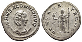 SALONINA (Augusta, 254-268). Antoninianus. Samosata.

Obv: CORN SALONINA AVG
Diademed and draped bust right, set on crescent.
Rev: VESTA AETERNA
Vesta...